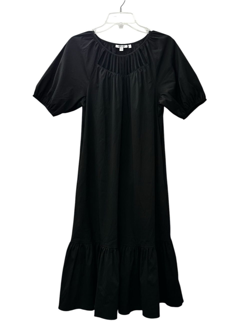 NWT Chico's Dress Black Midi Puff Sleeves Cutout Neckline Size 0 / Women’s Small